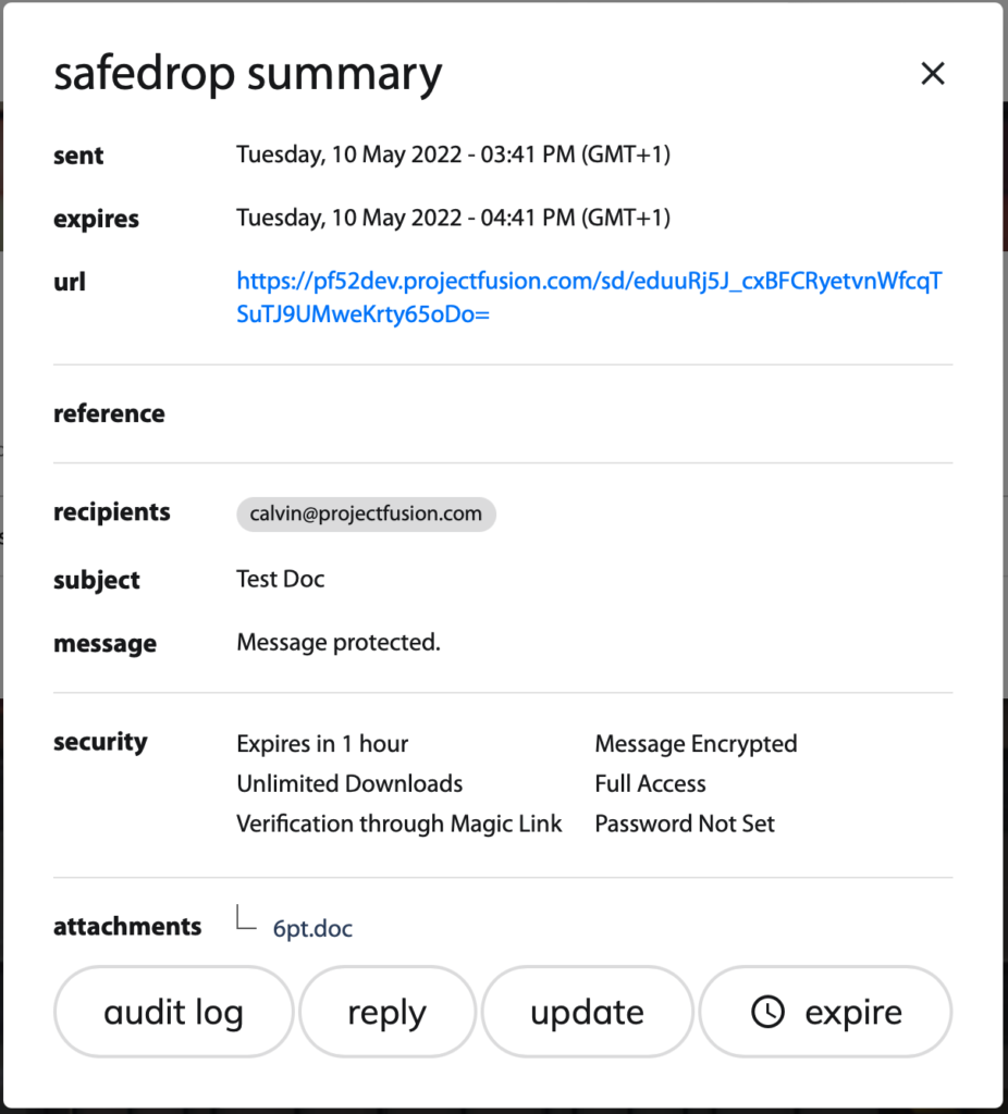 Clicking on ‘audit log’ will open up the safedrop audit showing all actions for that safedrop.